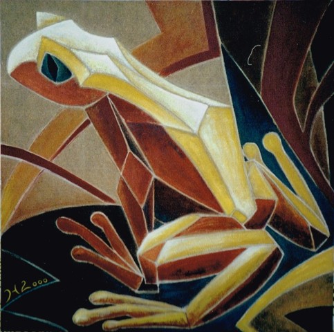 Acrylbild eine stilisierten Frosches in Braun und Gelb-Tönen